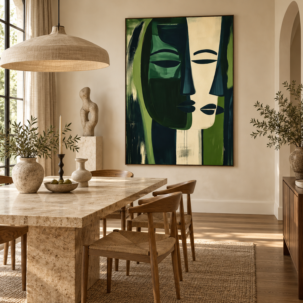 ELARA forest green and ivory abstract face wall art in a premium dining room