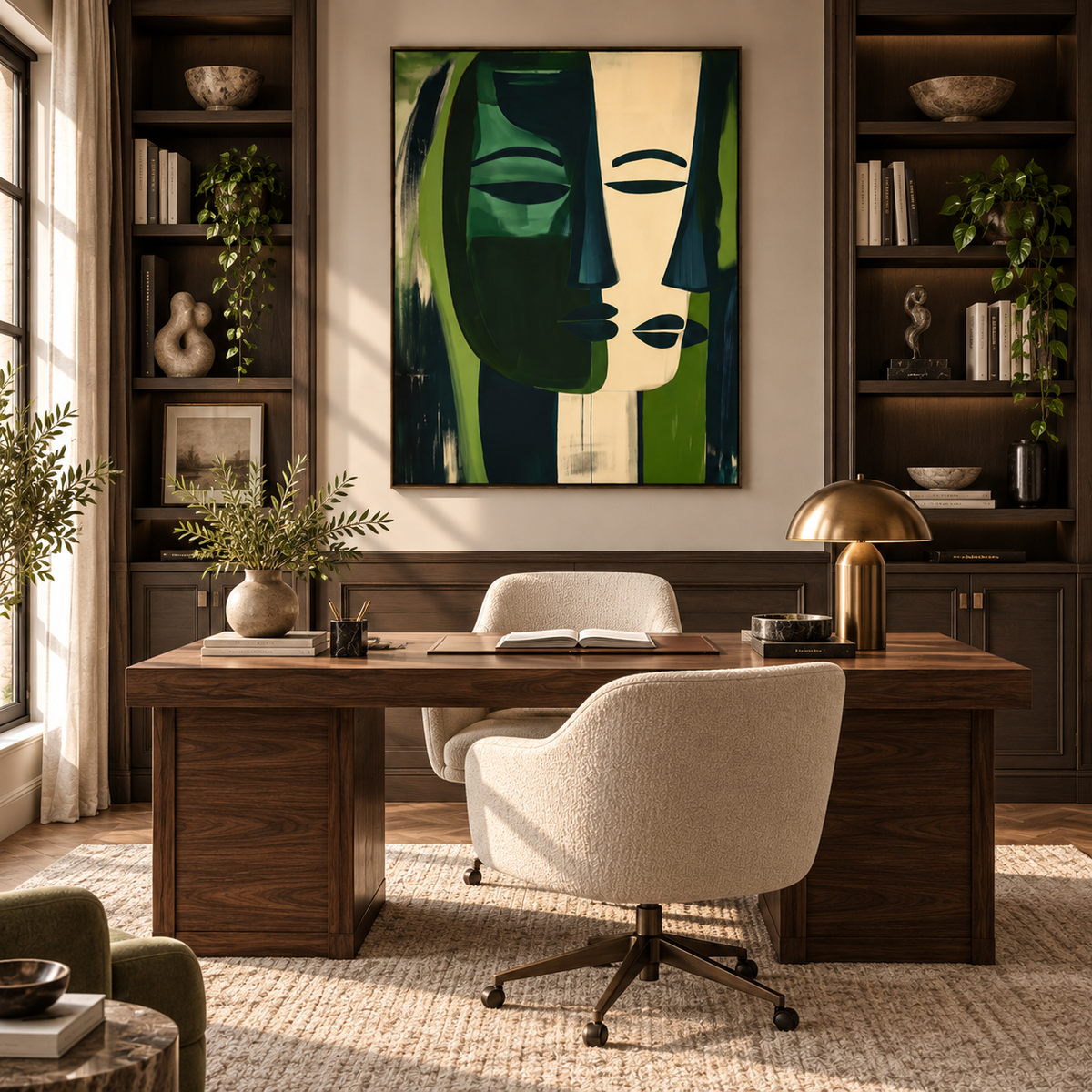 ELARA forest green and ivory abstract face wall art in a refined home office