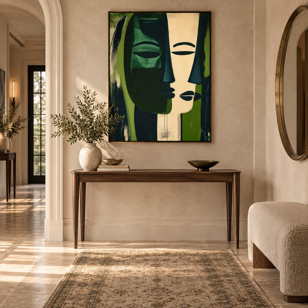 ELARA forest green and ivory abstract face wall art in a European hallway