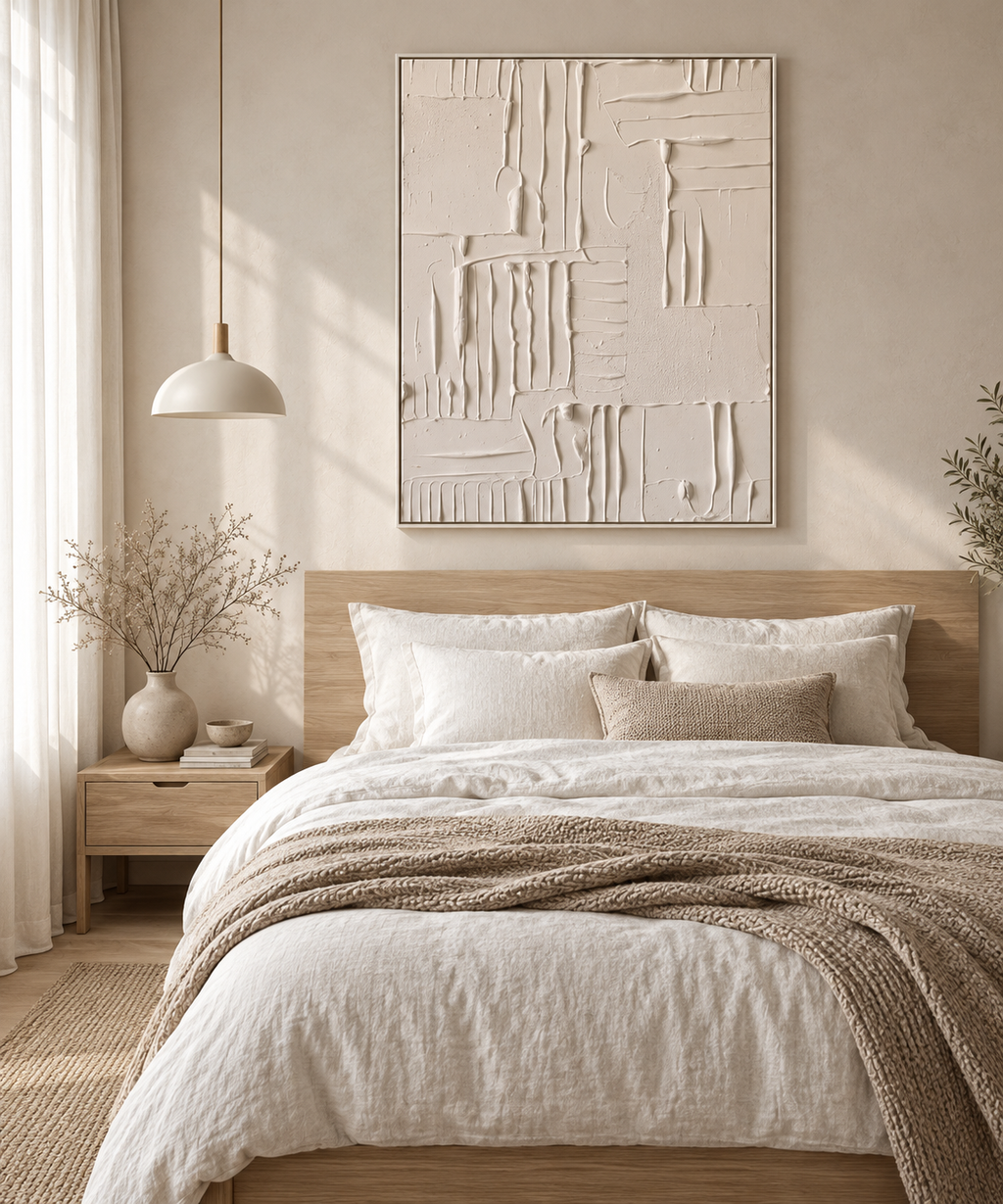 VIRENA minimalist textured wall art above a natural oak bed