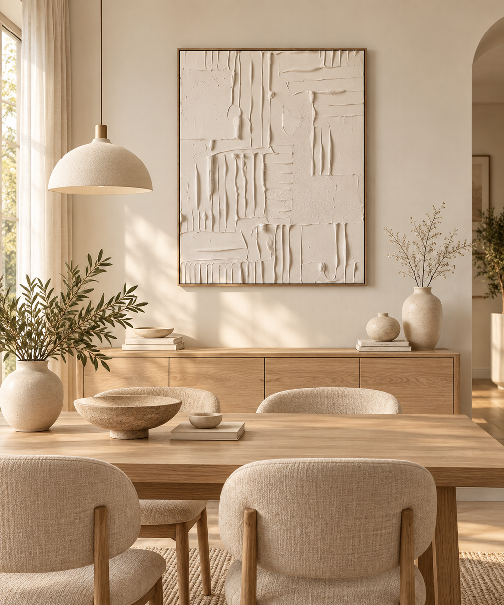 VIRENA ivory relief artwork in a contemporary dining room