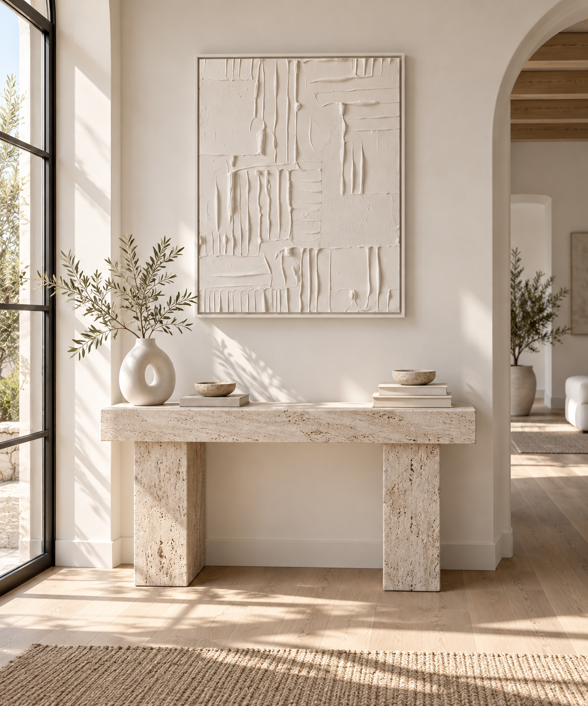 VIRENA white relief wall art above a travertine entryway console