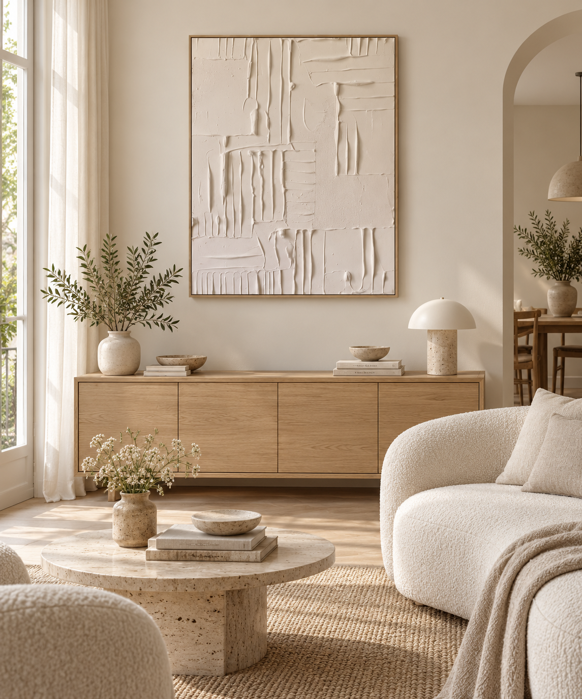 VIRENA ivory relief wall art above a light oak sideboard in a living room