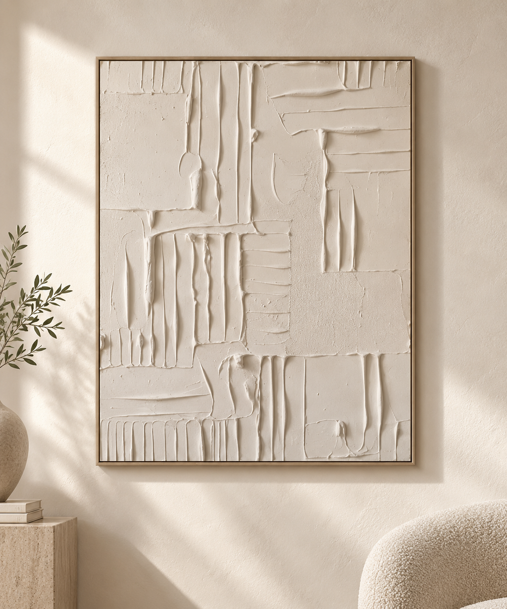 VIRENA ivory textured minimalist relief wall art close-up