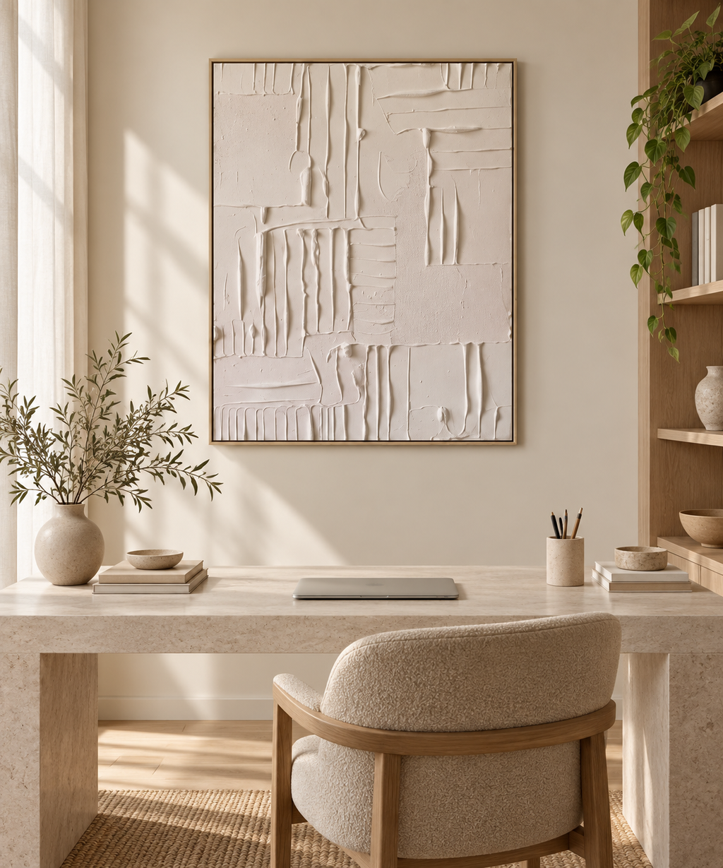 VIRENA textured minimalist artwork in a refined home office