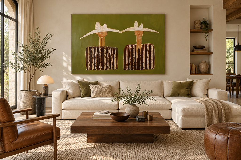 WESTARA olive green western wall art above a cream sofa