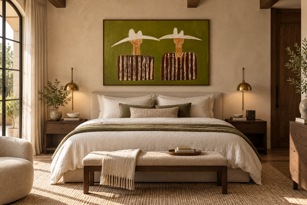 WESTARA olive green western duo artwork above an elegant bed