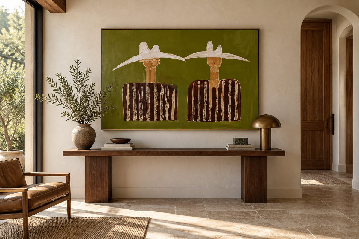 WESTARA olive green western artwork above a refined console