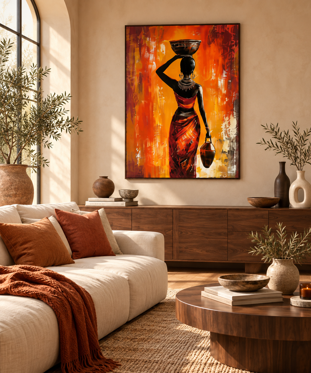 Zafira orange African-inspired wall art in a contemporary living room