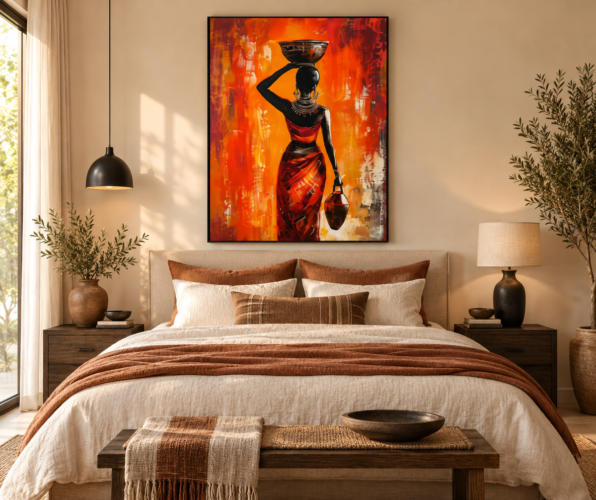 Zafira terracotta woman wall art above an elegant bedroom