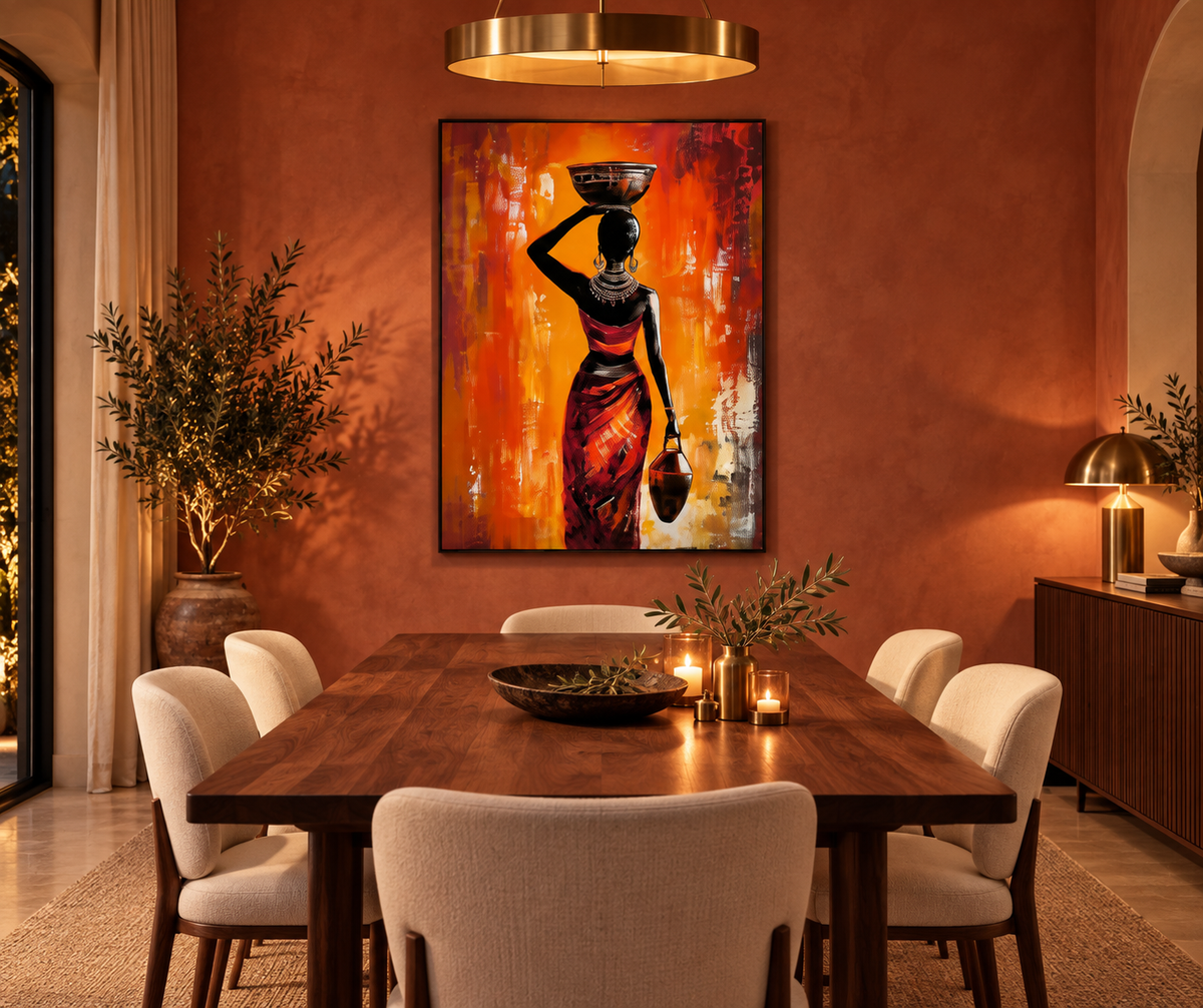 Zafira orange figurative wall art in a refined dining room