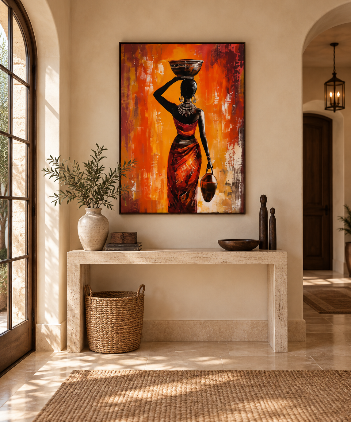 Zafira terracotta woman wall art in a European entryway