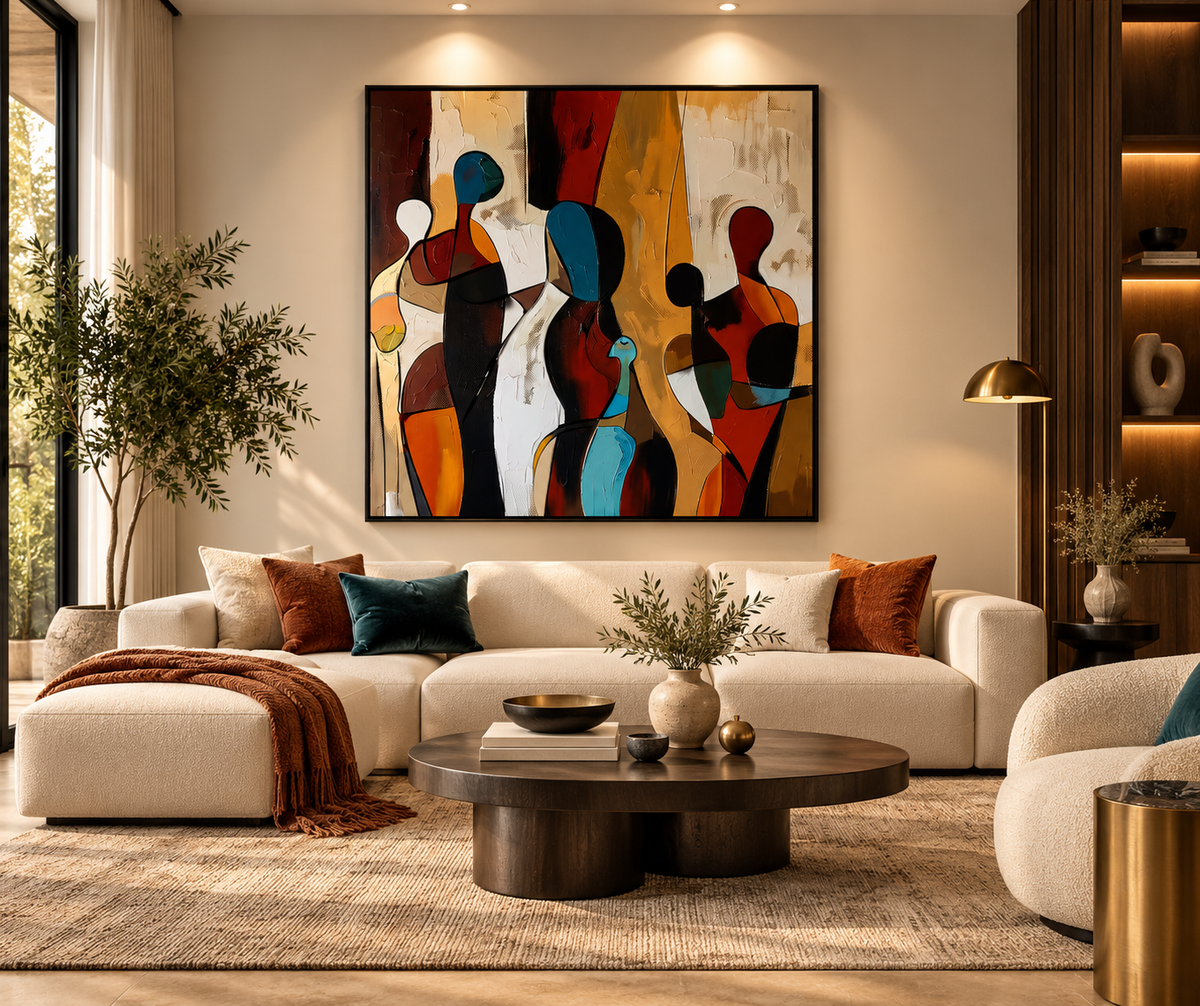 ZARIA multicolor figurative abstract wall art in a living room